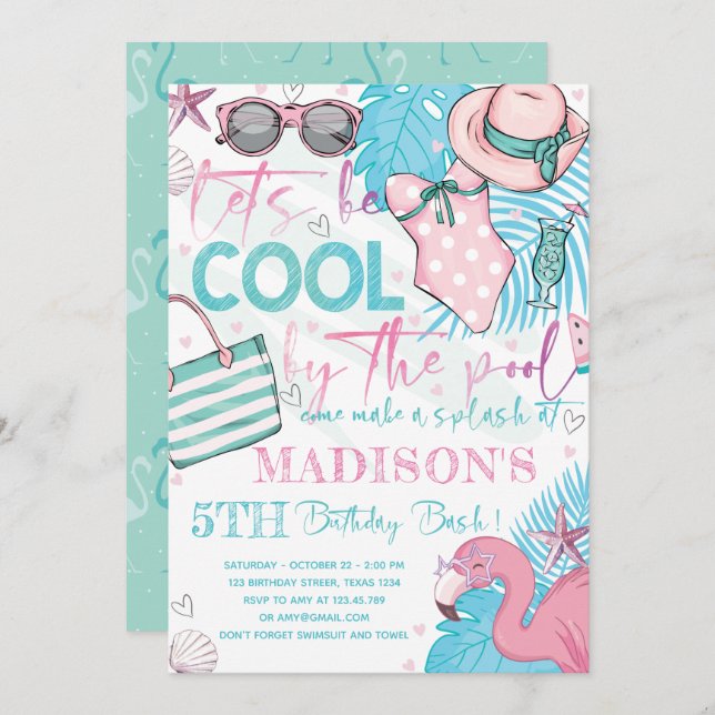 Convite Turquesa rosa-rosa-Festa de aniversário-de-Verão (Frente/Verso)