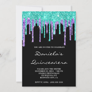 Convite Turquesa Roxo Brilho Gotas Preto Quinceañera