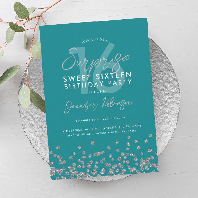 Convite Turquesa Silver Glitter Surpresa Sweet 16 (Turquoise Silver Glitter Surprise Sweet 16 Invitation)