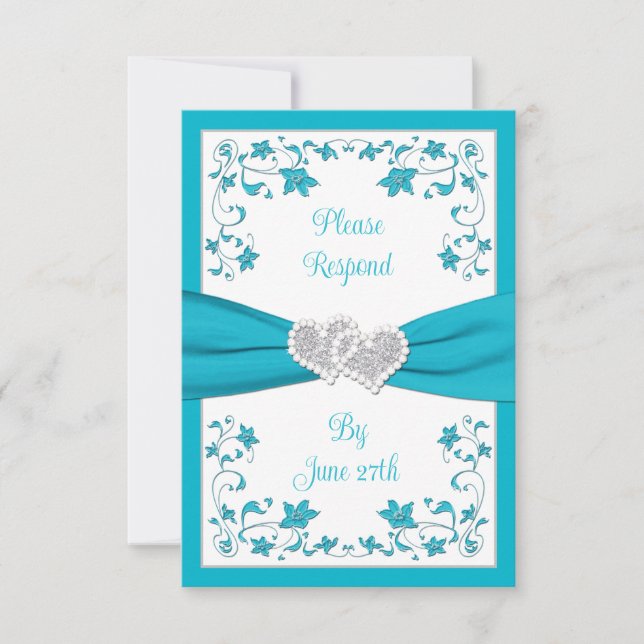 Convite Turquesa, Silver Love Hearts Casando RSVP Card 2 (Frente)