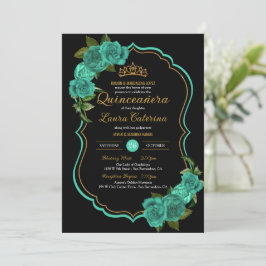 Convite Turquesa Teal Green Rosa Dourado Quinceañera
