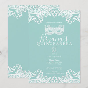 Convite Turquesa Teal Renda Máscara 15º Quinceañera