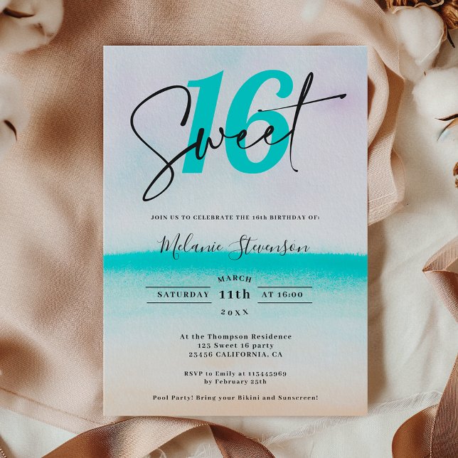 Convite Turquesa tropical praia ombre guião doce 16 (Tropical turquoise beach ombre script sweet 16 invitation)