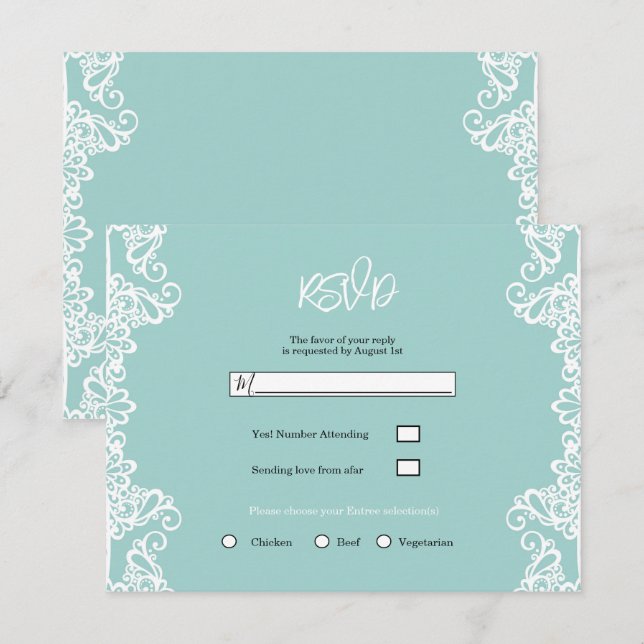 Convite Turquesa Verde Água Branco Renda Elegante Casament (Frente/Verso)