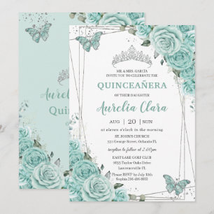 Convite Turquesa Verde Floral Borboletas Quinceanera 15