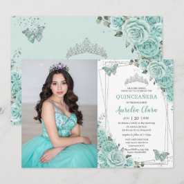 Convite Turquesa Verde Floral Borboletas Quinceanera 15 