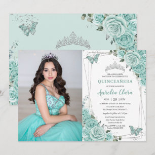 Convite Turquesa Verde Floral Borboletas Quinceanera 15
