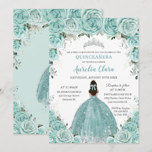 Convite Turquesa Verde Floral Princesa Prata Quinceañera