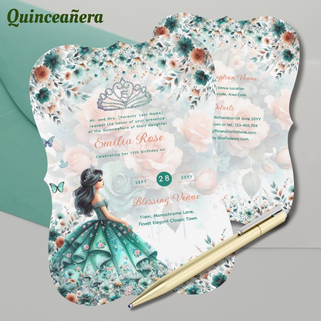 Convite Turquesa Verde Quinceanera Vestido Borboleta Flora (Criador carregado)