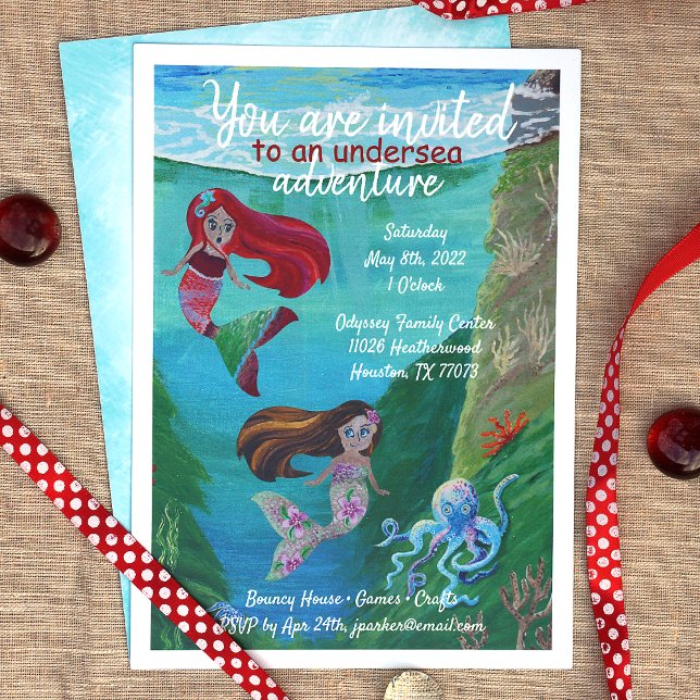 Convite Turquesa, Vermelho, Azul, Sereia Oceânica Aniversá (Mermaid birthday party theme invitations, red blue aquamarine, blue octopus )