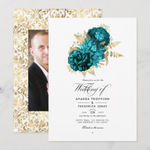 Convite Turquesa Vintage - Casamento Floral em Verde-água