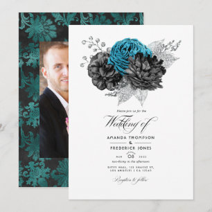 Convite Turquesa Vintage - Floral Prateado e Preto