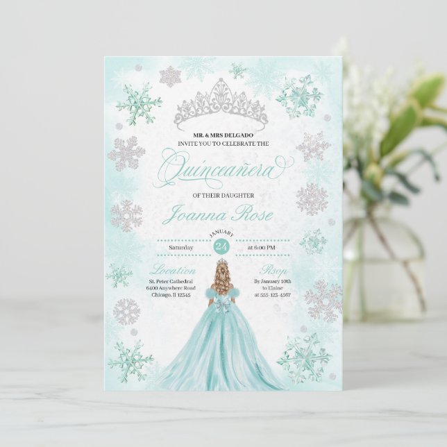 Convite Turquesa Winter Wonderland Snowflake Quinceanera (Em pé/Frente)