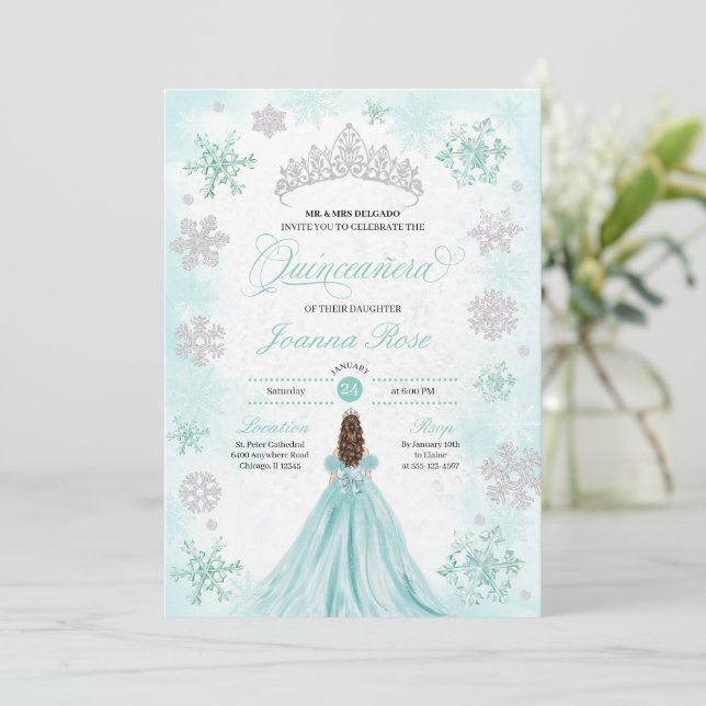 Convite Turquesa Winter Wonderland Snowflake Quinceanera (Em pé/Frente)