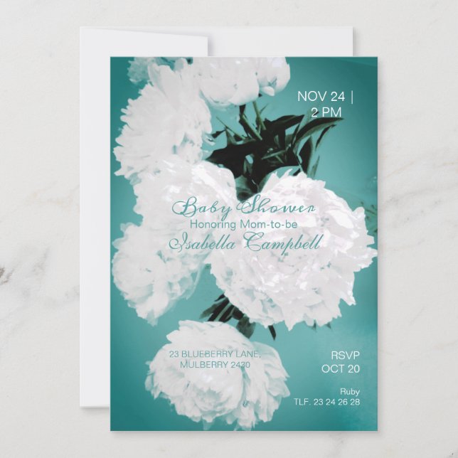 Convite Turquesas Peonies Floral Elegante Chá de fraldas (Frente)