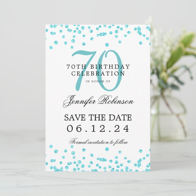 Convite Turquoise 70 Birthday Salvar Data Confetti (Em pé/Frente)