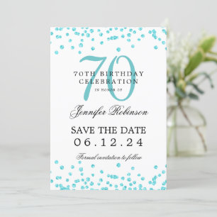 Convite Turquoise 70 Birthday Salvar Data Confetti