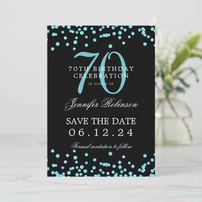 Convite Turquoise 70 Birthday Salvar Data Confetti Preto (Em pé/Frente)