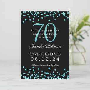 Convite Turquoise 70 Birthday Salvar Data Confetti Preto
