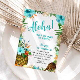 Convite Turquoise Aloha Birthday, tropical de Luau Havaian