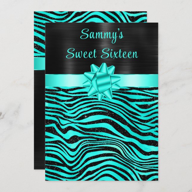 Convite Turquoise and Black Zebra Stripes Sweet Sixteen (Frente/Verso)