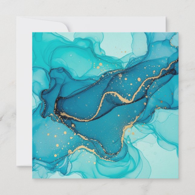 Convite Turquoise and Teal Alcohol Ink Abstract with Gold  (Frente)