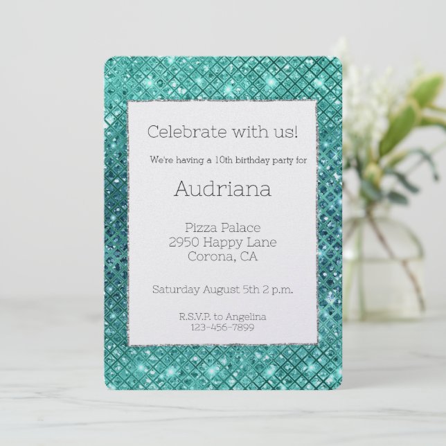 Convite Turquoise Aqua Green Sparkle Birthday (Em pé/Frente)