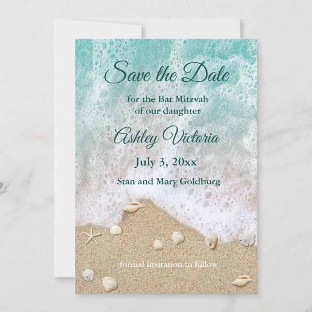Convite Turquoise Beach Waves Bat Mitzvah Save the Date (Frente)