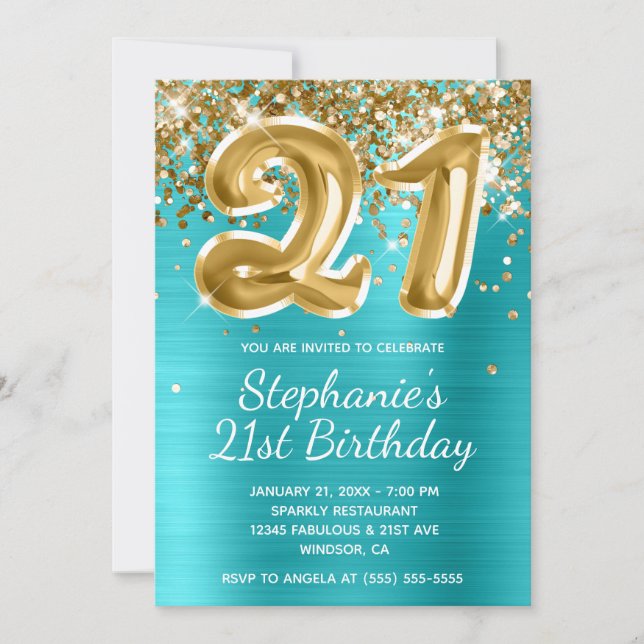Convite Turquoise Blue Glitter Balloon aniversário de 21 a (Frente)