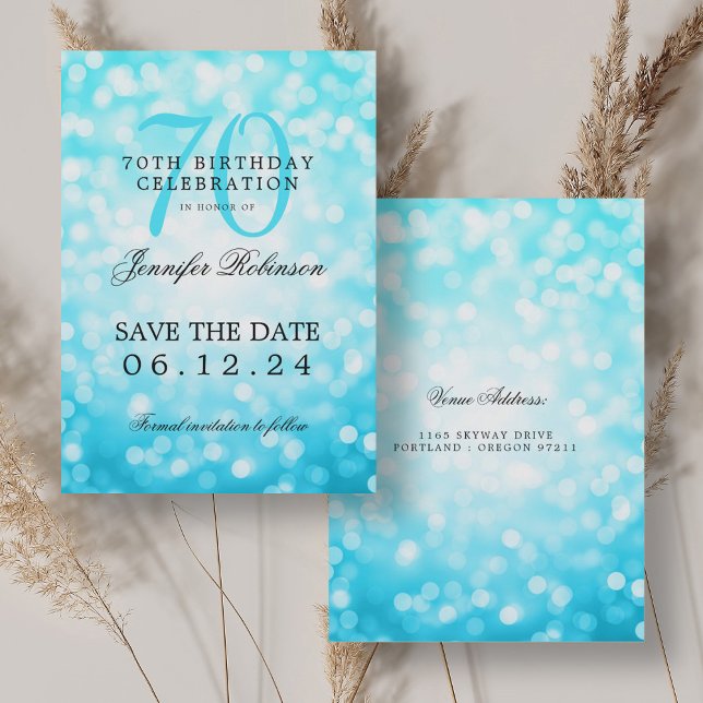 Convite Turquoise Bokeh 70 Birthday Salvar Data (Turquoise Bokeh 70th Birthday Save the Date Invitation)