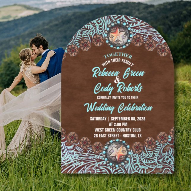 Convite Turquoise Brown Cowboy Country (Turquoise Brown Cowboy Country Western wedding Invitation)