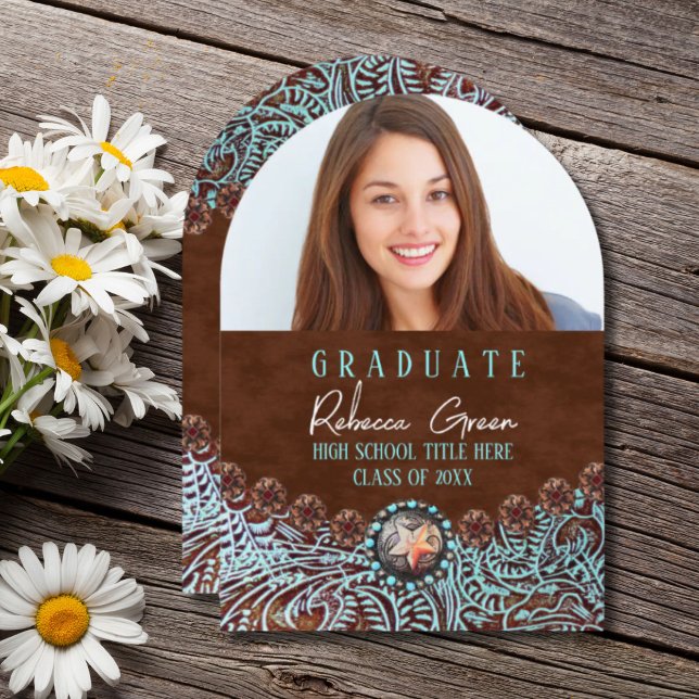 Convite Turquoise Brown Western Country Graduação Foto (Turquoise Brown Western Country Graduation Photo Invitation)