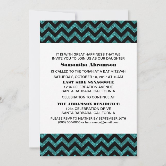 Convite Turquoise Chevron Glitter Bat Mitzvah Invite (Frente)