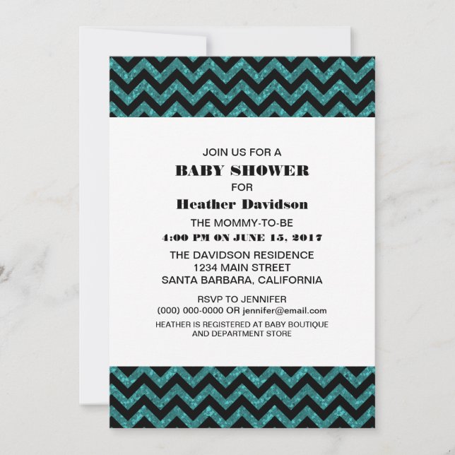 Convite Turquoise Chevron Glitter Chá de fraldas Invite (Frente)