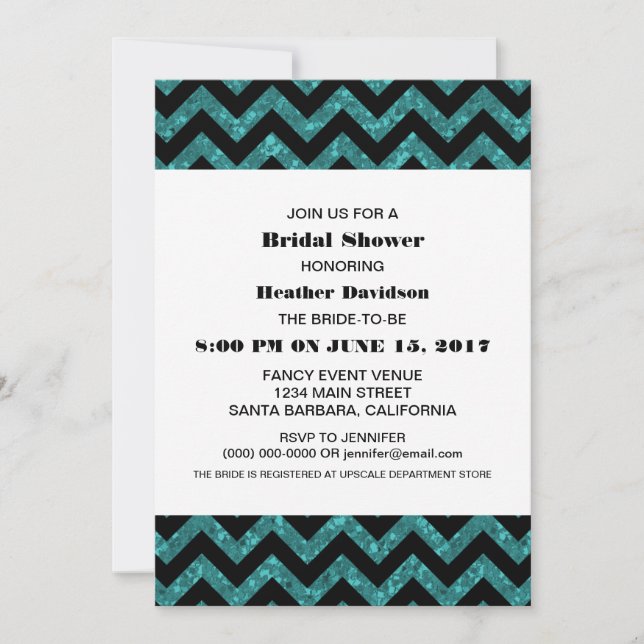 Convite Turquoise Chevron Glitter Chá de panela Invite (Frente)