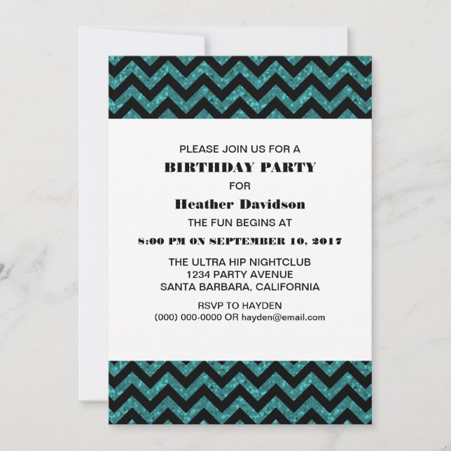 Convite Turquoise Chevron Glitter Festa de aniversário Inv (Frente)