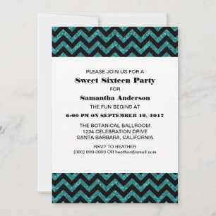 Convite Turquoise Chevron Glitter Sweet 16 Party