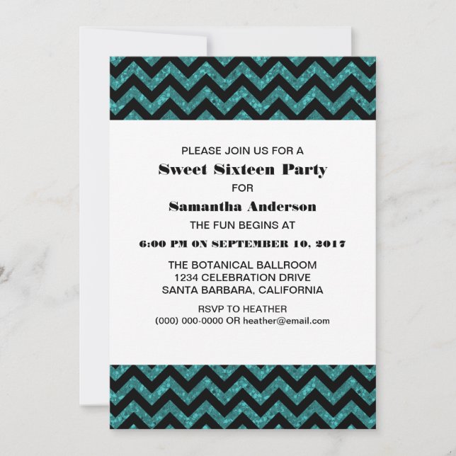 Convite Turquoise Chevron Glitter Sweet 16 Party (Frente)