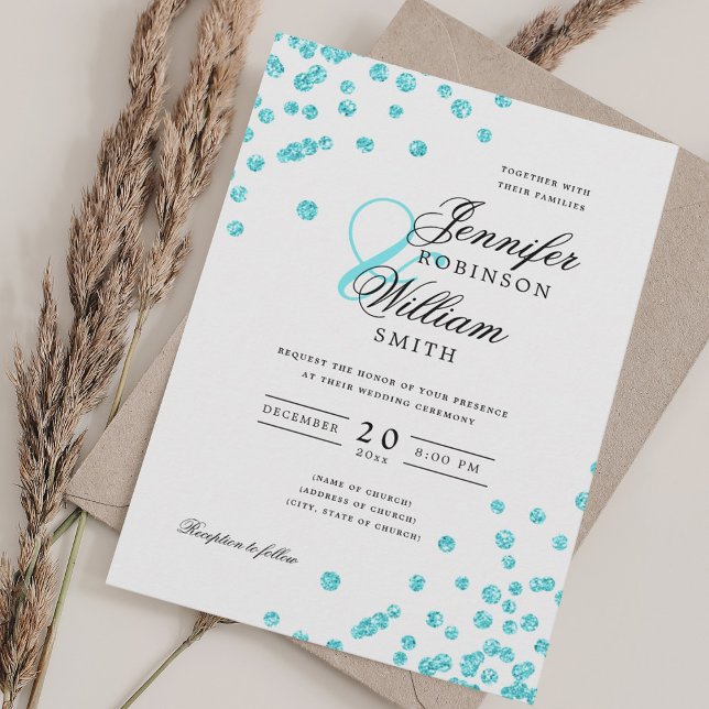 Convite Turquoise Confetti QR RSVP de Casamento de Script  (Elegant Script Wedding Turquoise Confetti QR RSVP Invitation)
