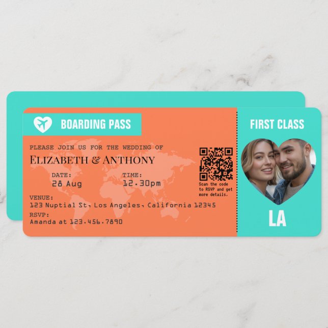 Convite Turquoise & Coral Boarding Pass Wedding (Frente/Verso)