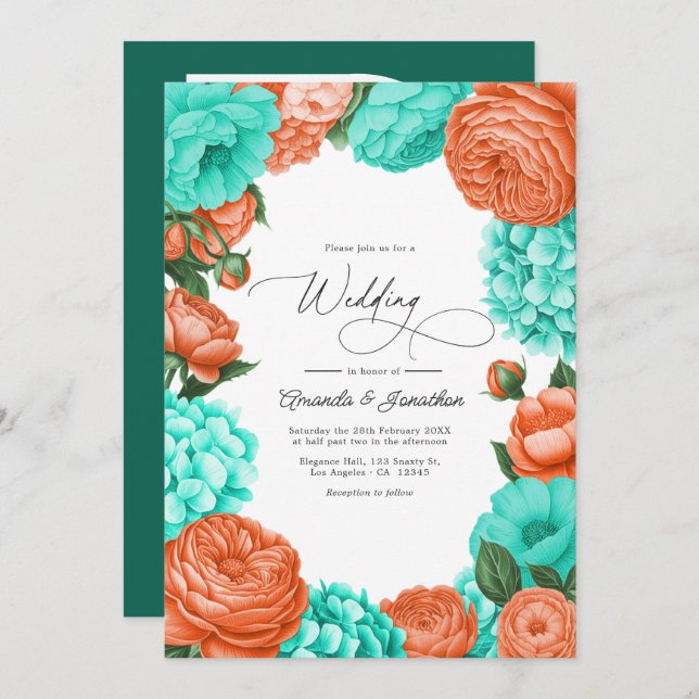 Convite Turquoise & Coral Floral Wedding (Frente/Verso)