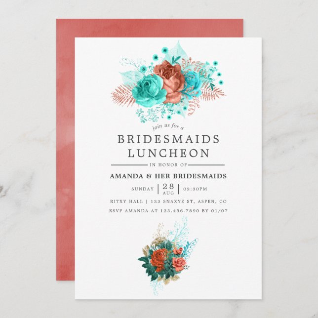 Convite Turquoise e Coral Tropical Bridesmaids Luncheon (Frente/Verso)