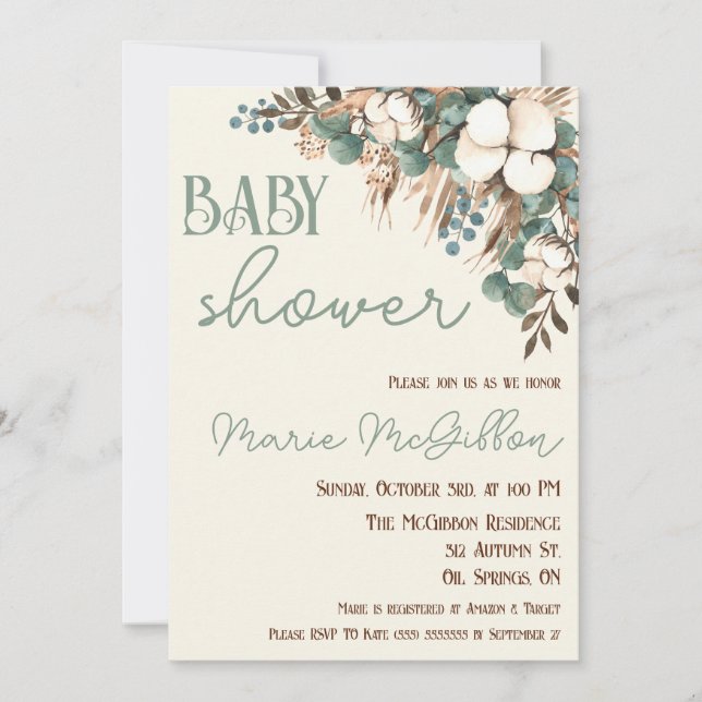 Convite Turquoise Floral, Algodão, Chá de fraldas De Grama (Frente)