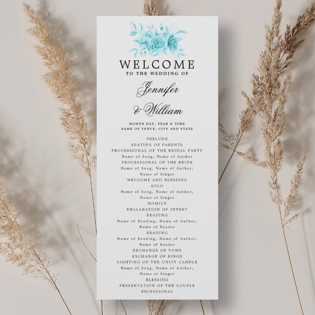 Convite Turquoise Floral do Programa de Casamento Elegante (Elegant Wedding Program Turquoise Floral Script )