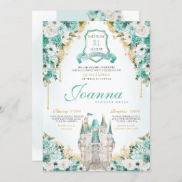 Convite Turquoise Floral Royal Castle Princesa Quinceanera