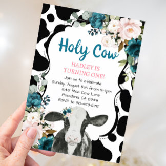 Convite Turquoise Floral Santa Vaca Eu sou Um Primeiro Ani