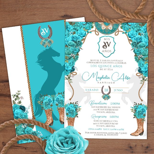 Convite Turquoise Floral Western Charro Ranch Quinceañera (Criador carregado)