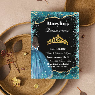 Convite Turquoise Glitter Princesa Quinceañera Ballgrown
