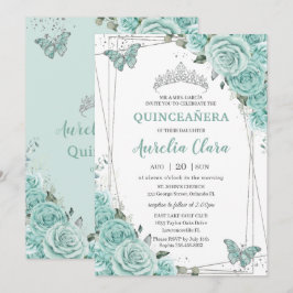 Convite Turquoise Green Floral Butterflies Quinceanera 15 