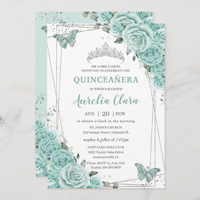 Convite Turquoise Green Floral Butterflies Quinceanera 15  (Frente/Verso)